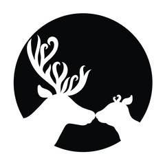 Wall Mural - White silhouettes of two deer on a black background, dad and baby