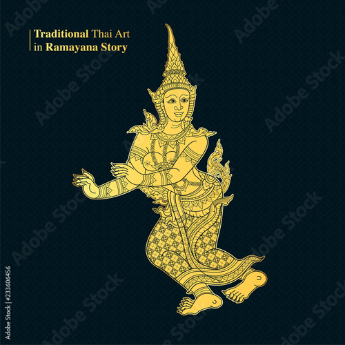Fotomural Traditional Thai Art in Ramayana Story, style vector