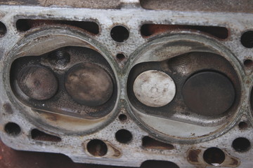 Poster - Disassembled the cylinder head of the SOHC engine - fragment of valves closeup, 4-cycle car motor repair