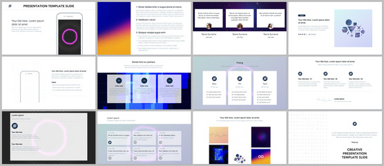 Wall Mural - Minimal presentations, portfolio templates with abstract colorful infographics, minimalistic design futuristic vector backgrounds. Presentation slides for flyer, leaflet, brochure, cover, report.