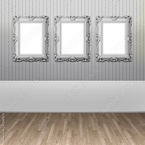 Three Blank Baroque Picture Frames On Silver Striped Three Blank Baroque Picture Frames On Silver Striped