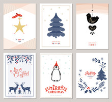 Merry Christmas And Happy New Year Greeting Cards Set. Vector Illustration.