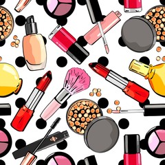 Seamless pattern with make up products. Cosmetics. 