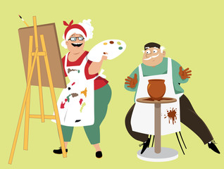 Wall Mural - Art class for seniors: an elderly couple participating in painting and pottery activities, EPS 8 vector illustration