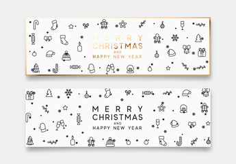Wall Mural - Merry Christmas and Happy New Year horizontal banner with xmas decorative elements line style