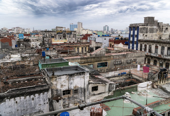 panoramic view over the rooftops of havana city in cuba. the run-down buildings mostly in colonial s