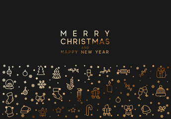 Wall Mural - Merry Christmas and happy new year. Black background with festive gold line style