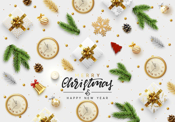 Wall Mural - Christmas vector background. Xmas realistic decoration objects viewed from above. Text Merry Christmas and happy New Year
