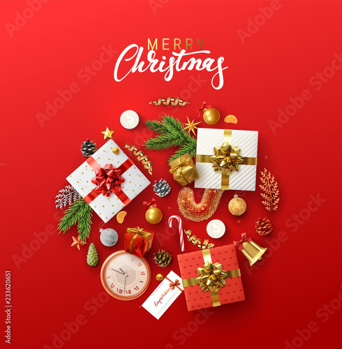 Fotografie, Obraz Christmas greeting card with holiday objects