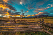 OCTOBER 3, 2018, RIDGWAY COLORADO USA - Sunrise On Worm Western Fence In Front Of San Juan Mountains In Old West Of Southwest Colorado Near Ridgway