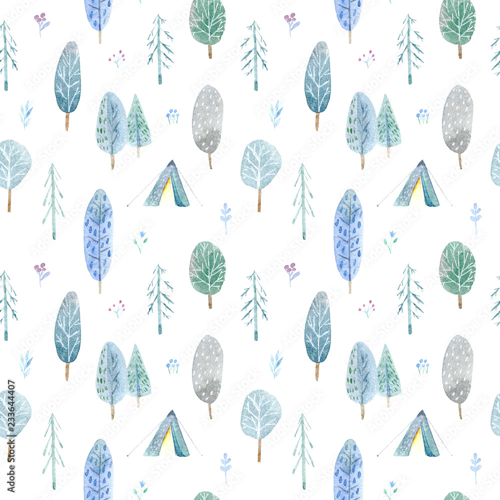 Seamless pattern of a camping in the woods.Tent, trees, bonfire, plants ...