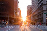 Fototapeta Nowy Jork - New York City street scene with crowds of people and traffic in Manhattan