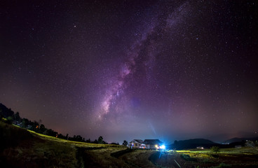 Wall Mural - the milky way galaxy on the rice field on the mountain.long exposure photograph, with grain.image co