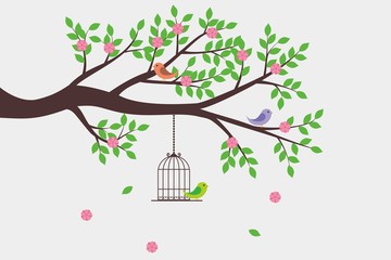 Wall Mural - Tree wirh bird and bird cage