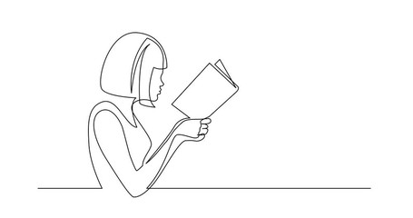 Sticker - Self Drawing Line Animation of continuous line drawing of woman concentrated on reading interesting book