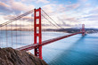 Panoramic view of Golden Gate Bridge connecting San Francisco and Marin Headlands, at sunset