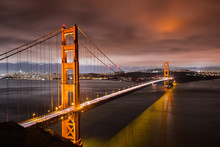 Night View Of Golden Gate Bridge Connecting San Francisco And The Marin Headlands, California; Long Exposure