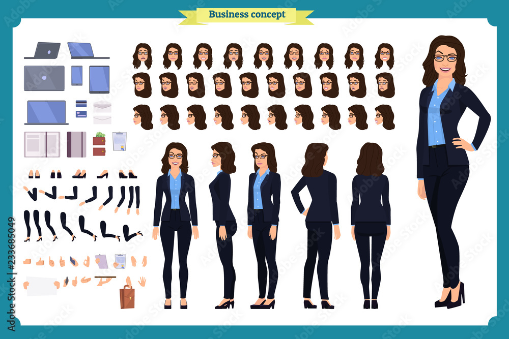 Set of Businesswoman character design.Front, side, back view animated ...