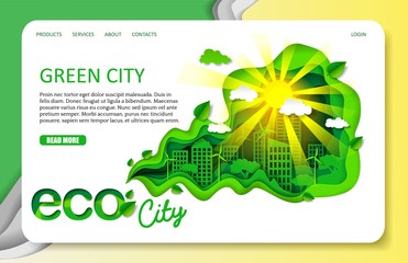 Wall Mural - vector paper cut green city landing page website template