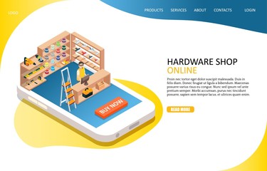 Hardware online shop landing page website vector template