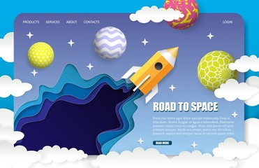 Wall Mural - Vector paper cut space trip landing page website template
