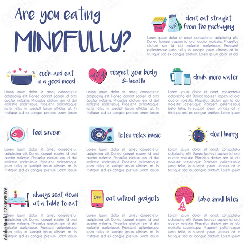 Fotomural Set of cartoon hand drawn objects on mindful eating theme