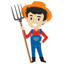 Vector Illustration Of A Farmer Man Holding A Pitch Fork