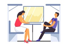 Passengers Traveling In Train, Trip Of People In Carriage