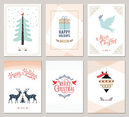 Poster - Merry Christmas and Happy Holidays cards set with New Year tree, reindeers, gift box, ornaments and typographic design. 