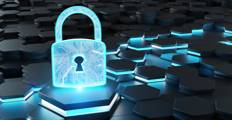 Fototapete - Black and blue padlock icon on hexagons background 3D rendering