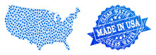 Map Of USA Vector Mosaic And Clean Water Grunge Stamp. Map Of USA Composed With Blue Water Drops. Seal With Corroded Rubber Texture For Clean Drinking Water.