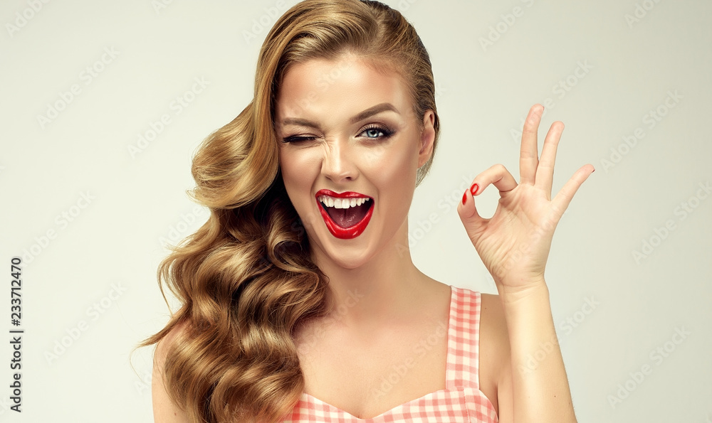 Poster Pin Up Retro Girl With Curly Hair Winking Smiling And