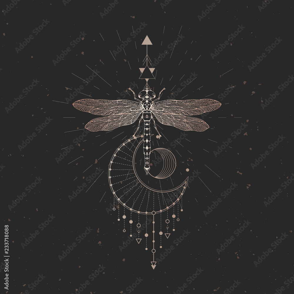 Vector illustration with hand drawn dragonfly and Sacred geometric symbol on black vintage background. Abstract mystic sign.  - obrazy, fototapety, plakaty 