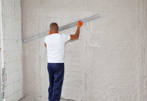 Worker Plastering House Walls Finishing Walls Wall Screeding