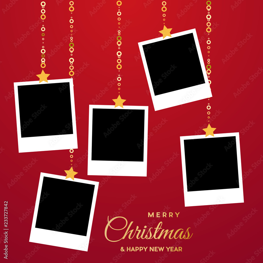 Christmas background with photos, blank frames. Vector template with pictures to insert - obrazy, fototapety, plakaty 