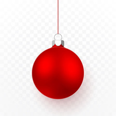 Wall Mural - Red Christmas ball. Xmas glass ball on transparent background. Holiday decoration template. Vector illustration