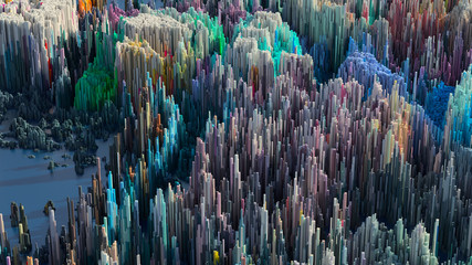 3d render abstract background with complex structure made of array of vertical geometry. Data visualization concept.