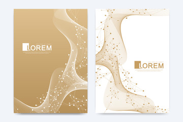 Modern vector template for brochure, leaflet, flyer, cover, catalog, magazine, banner or annual report. A4 size. Business, science and technology design with golden dynamic waves, line and particles.