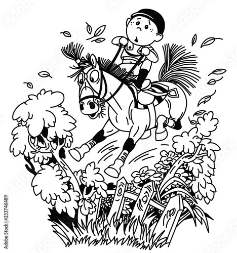 Cartoon Kid Jockey Riding His Pony Horse And Training To Jump Over Fence Funny Equestrian Cross Country Jumping Sport Black And White Outline Vector Illustration Buy This Stock Vector And Explore Cartoon Kid Jockey Riding His Pony Horse And Training To Jump Over Fence Funny Equestrian Cross Country Jumping Sport Black And White Outline Vector Illustration Buy This Stock Vector And Explore