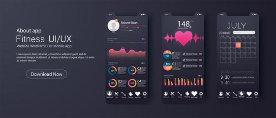 Fototapete - Different UI, UX, GUI screens fitness app and flat web icons for mobile apps, responsive website including. Web design and mobile template. Fitness Dashboard - stock vector