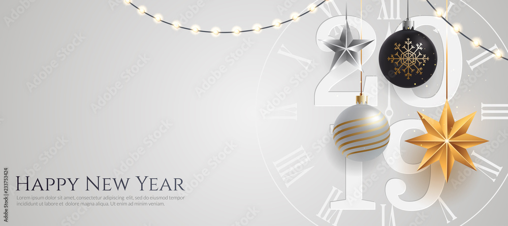 Happy new year 2019 banner template with copy space. Hanging Christmas toys and garlands with light bulbs on wihte background. Winter Holiday card concept. Vector eps 10. - obrazy, fototapety, plakaty 