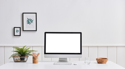 Business life close up computer screen desktop screen white desk and object.