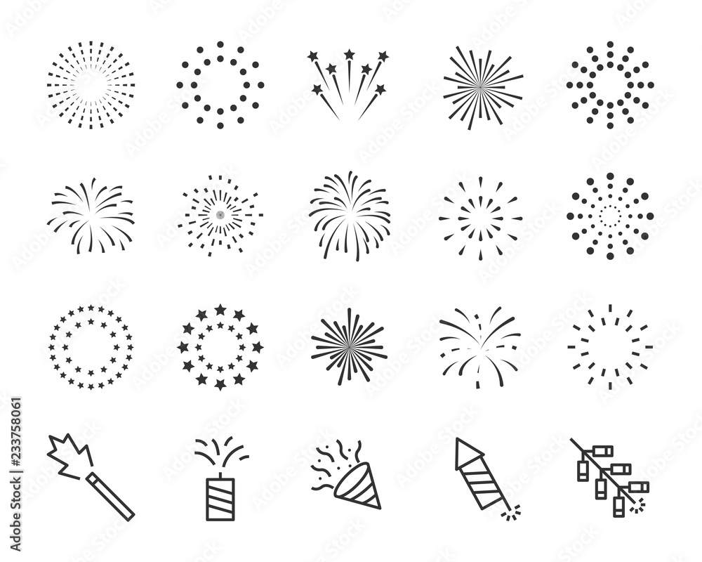 firework line icon set, happy new year firework - obrazy, fototapety, plakaty 