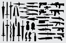 Gun, Pistol, Sword And Knife Weapon Silhouette Good Use For Symbol, Logo, Web Icon, Mascot, Sign, Or Any Design You Want.