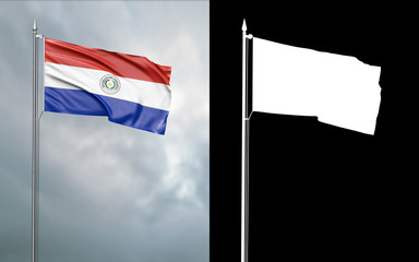 3d illustration of the state flag of the Republic of Paraguay moving in the wind at the flagpole in front of a cloudy sky with its alpha channel