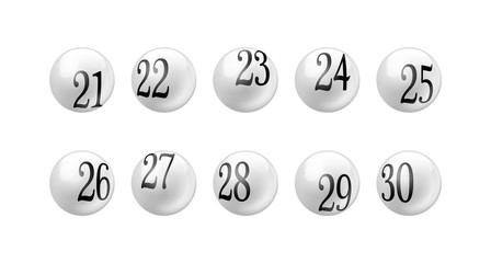 Wall Mural - Vector Bingo Lottery Number Balls 21 to 30 Set Isolated on White Background.