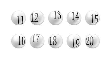 Wall Mural - Vector Bingo Lottery Number Balls 11 to 20 Set Isolated on White Background.