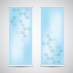 Wall Mural - roll up banner stands with abstract geometric background of hexagons pattern. hi-tech digital backgr