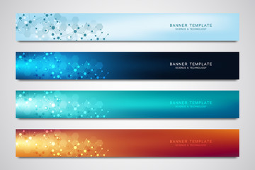 Wall Mural - Vector banners and headers for site with molecules background and neural network. Genetic engineering or laboratory research. Abstract geometric texture for medical, science and technology design.