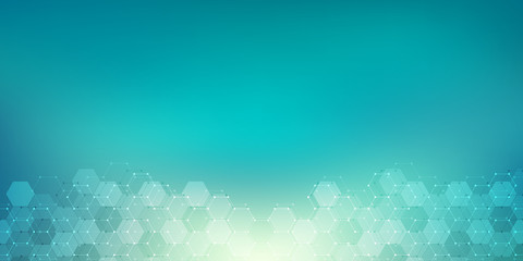 Geometric abstract background with hexagons elements. Medical background texture for modern design. Vector illustration of molecular structures and hexagons pattern. Science and Technology concept.